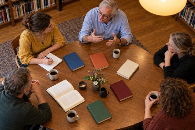 En læsegruppe drøfter bøger ved et biblioteksbord